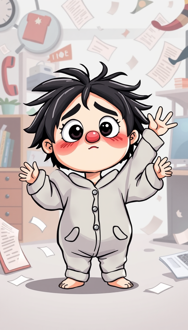Main art studio: A cute quirky 2D cartoon character with a rounded face, big expressive eyes, small nose, messy dark hair, and oversized cozy pajamas. Friendly, relata