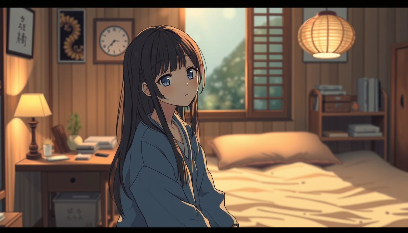 Main art studio: asthectic looking korean girl in room with lofi style, not anime or sketch