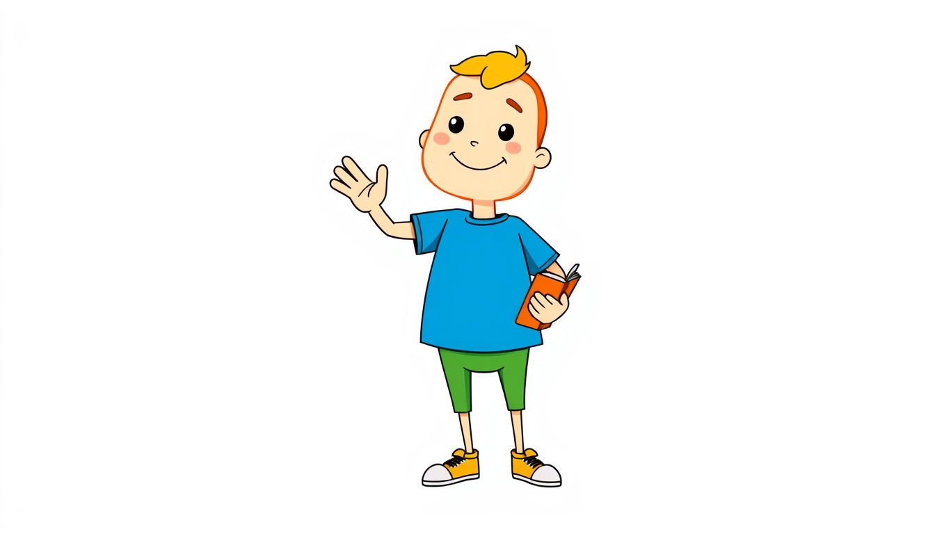 Main art studio: Dibujo animado infantil de un personaje educativo llamado Lumi, de cuerpo completo, cabeza grande y redonda, cabello amarillo, ojos grandes y sonrisa