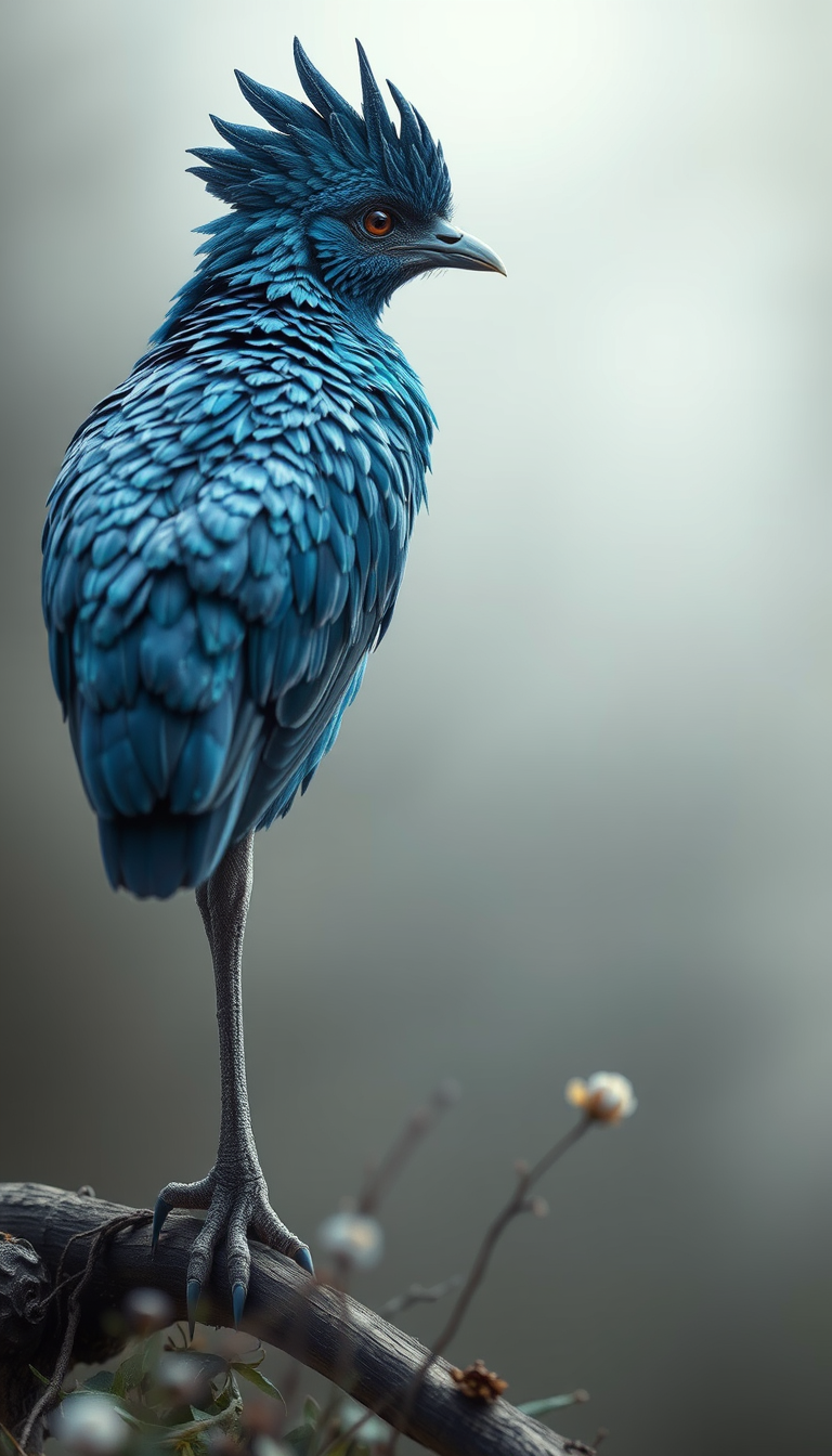 Main art studio: Eine Nahaufnahme von einem blauen Phönix in Nahaufnahme, nach rechts schauend im fantasy-Illustraition-Stil mit einer leeren Sprechblase daneben