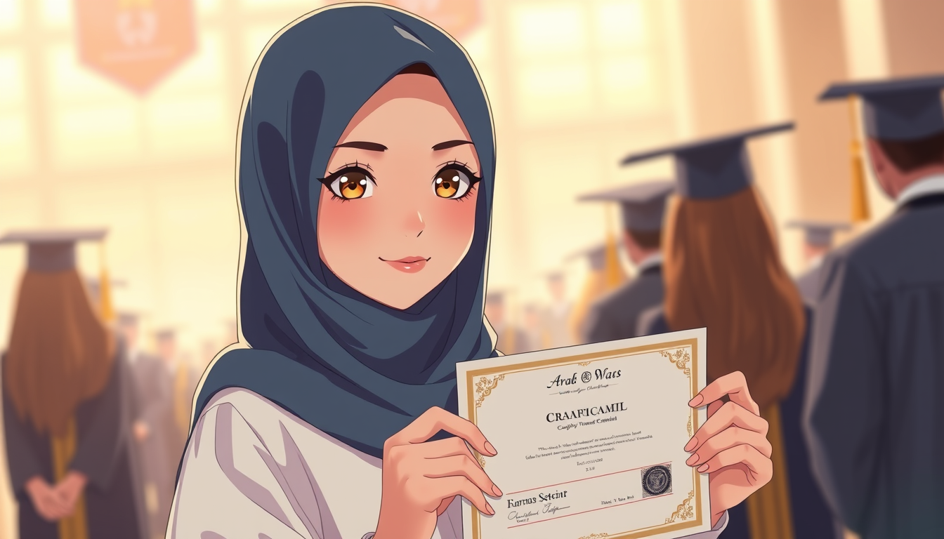Anime idea: anime style, vibrant colors, expressive eyes, Elegant young Arab woman, 26 years old, fair skin, brown eyes, fully covering elegant hijab with no hair