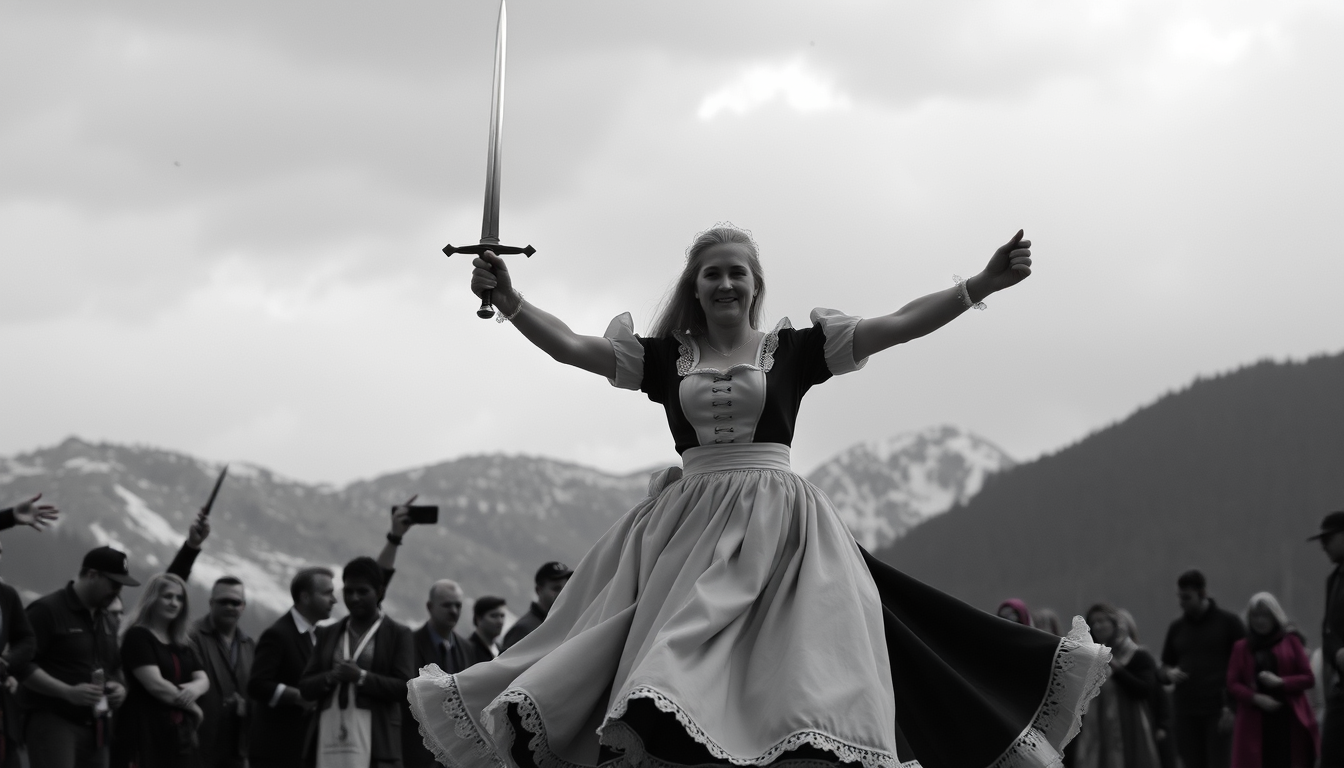 Main art studio: Aiz Wallenstein, vestida de maid usando su espada mientras baila la macarena