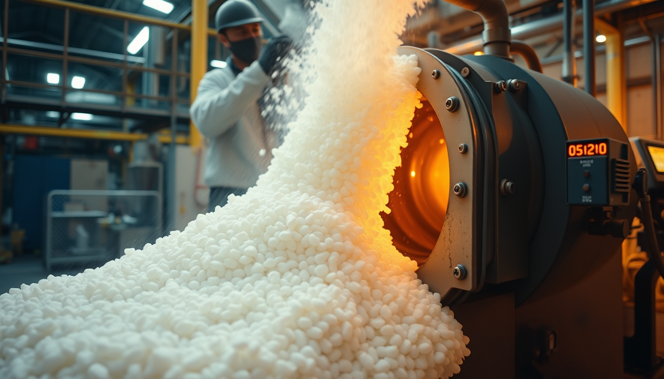 Main art studio: # Polyester Fabric — Part 2 Show PET resin pellets entering a large industrial melting machine. High heat melts the pellets into a clear, thick polyes
