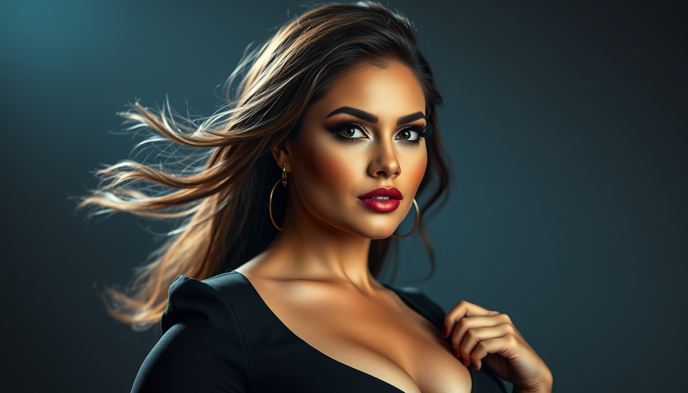 Main art studio: A clearly adult woman with a glamorous, confident look and a curvy full-figured body, long flowing hair, elegant makeup, stylish fitted evening outfit