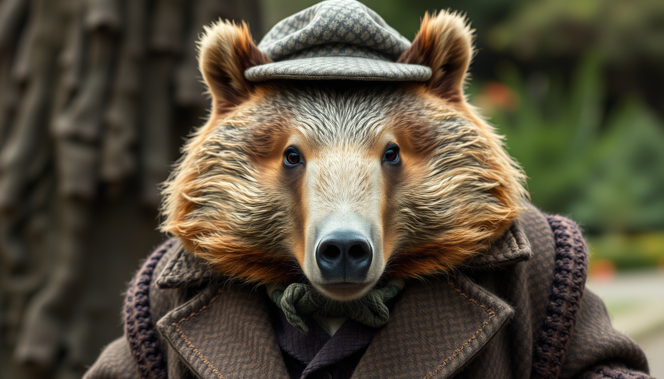 Main art studio: Erzeuge mir bitte ein Bild von einem humanoiden Bär, der wie J.R.R. Tolkien angezogen ist, also mit Tweed-Jacket etc., das aussieht wie ein altes Phot