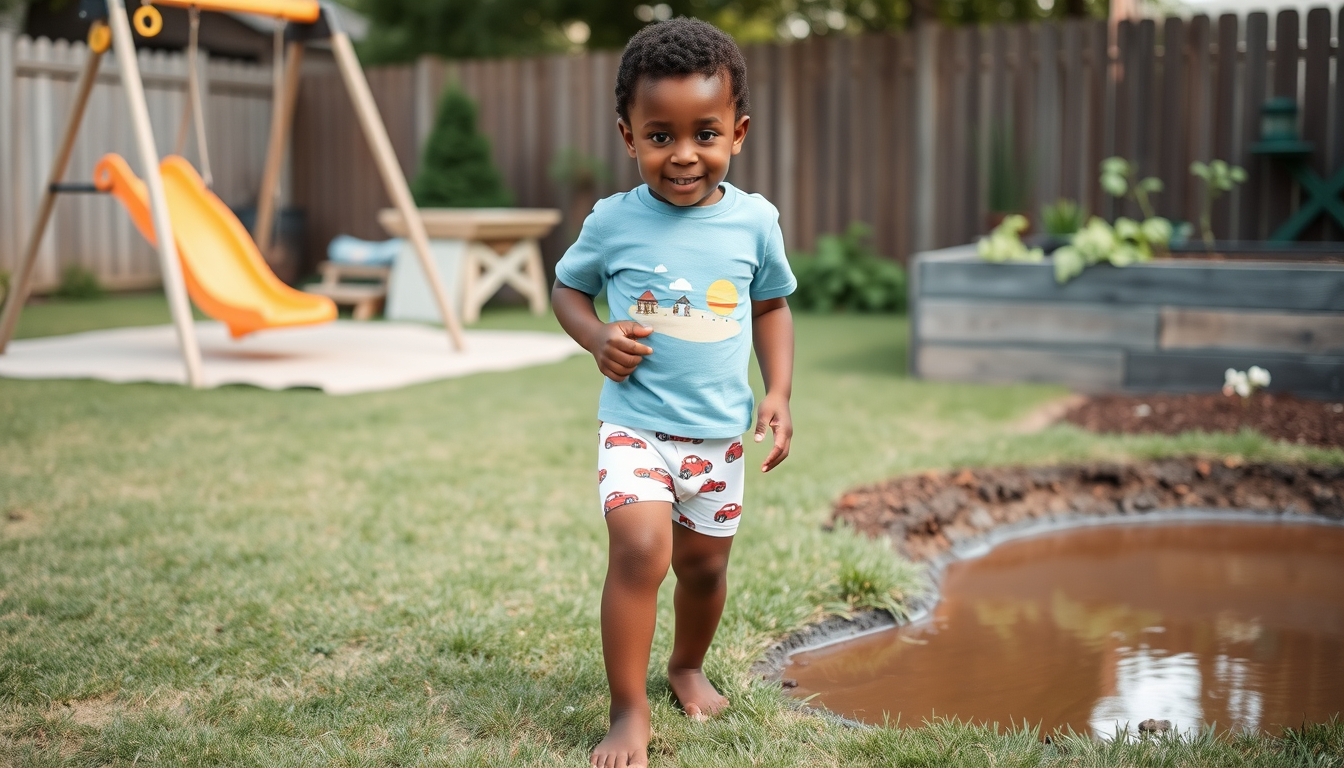Main art studio: 4 year old african american boy wearing light blue t shirt with a beach on the t shirt, white underwear briefs with red racing cars on it, and barefoo