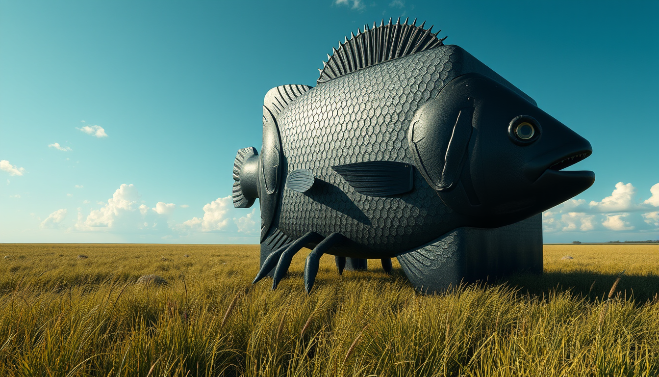 Main art studio: A big fish in the shape of a cube on a big grass feild that has human arms and legs thats blacked out over the whole body with a elvis haircut
