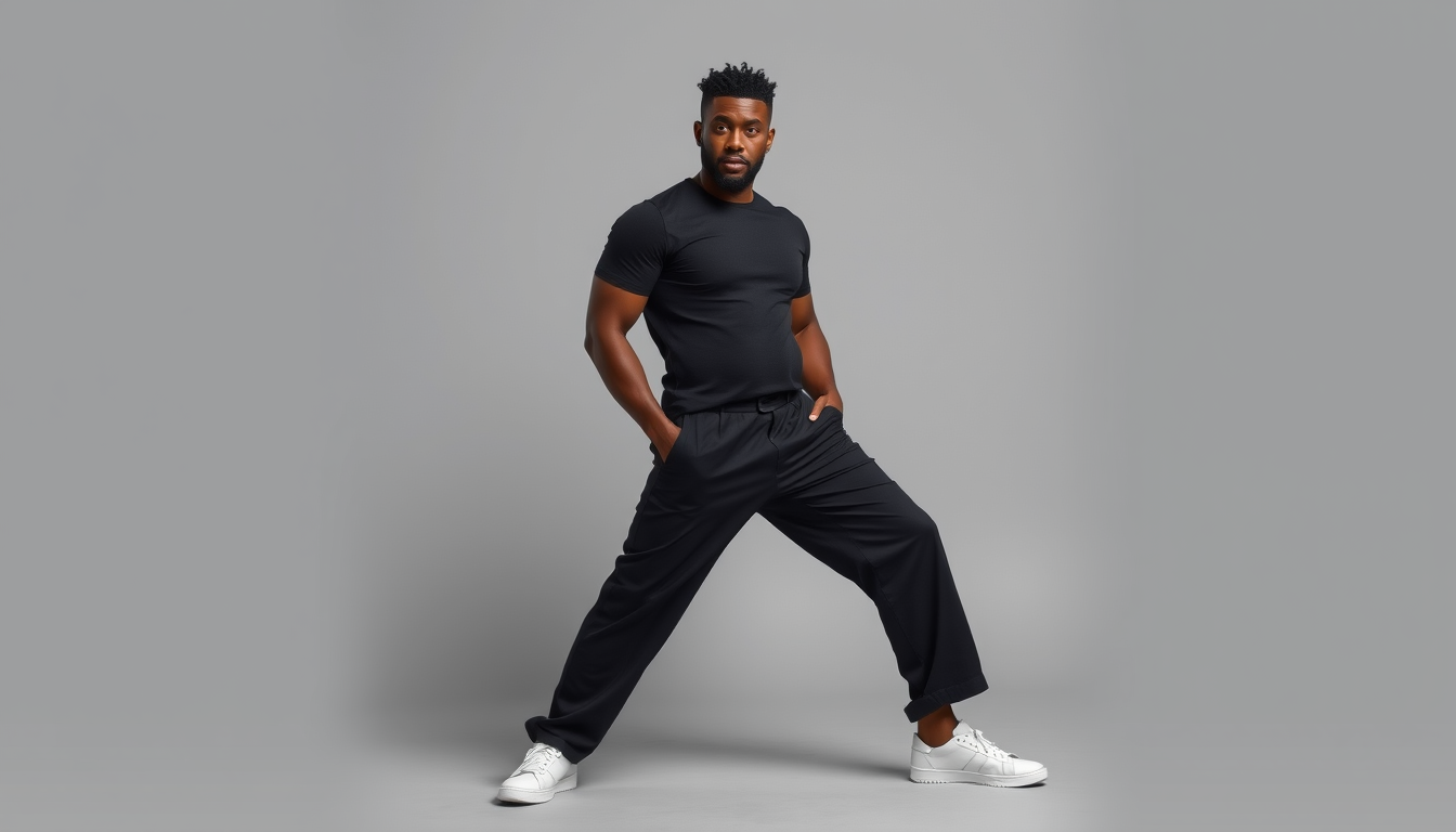Characters idea: an original character defined by silhouette, role, outfit, palette, and expression, deliberate composition, Black male, lil stomach, not fat, black t-