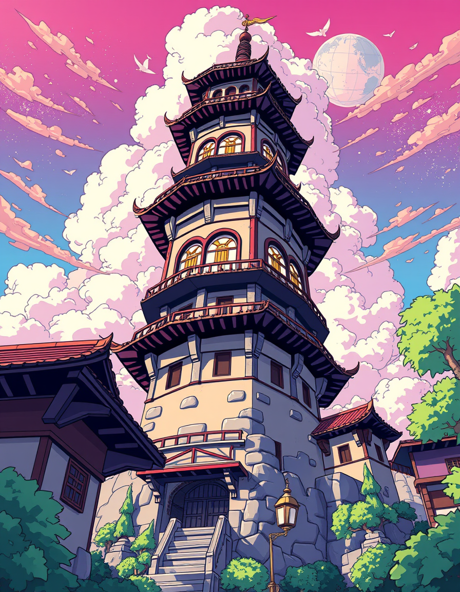 Anime idea: anime style, vibrant colors, expressive eyes, create a tower with simple Toon cel-shaded artstyle , detailed anime illustration