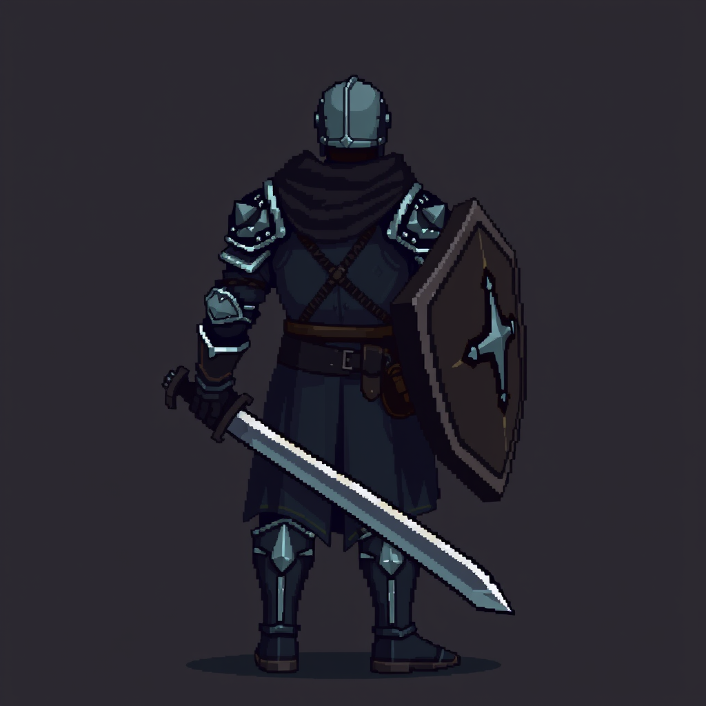 Sprite idea created from the prompt: pixel art game sprite, clean pixel grid, retro 16-bit palette, Medieval dark fantasy pixel art warrior, full body, STRICT BACK VIEW, facing 