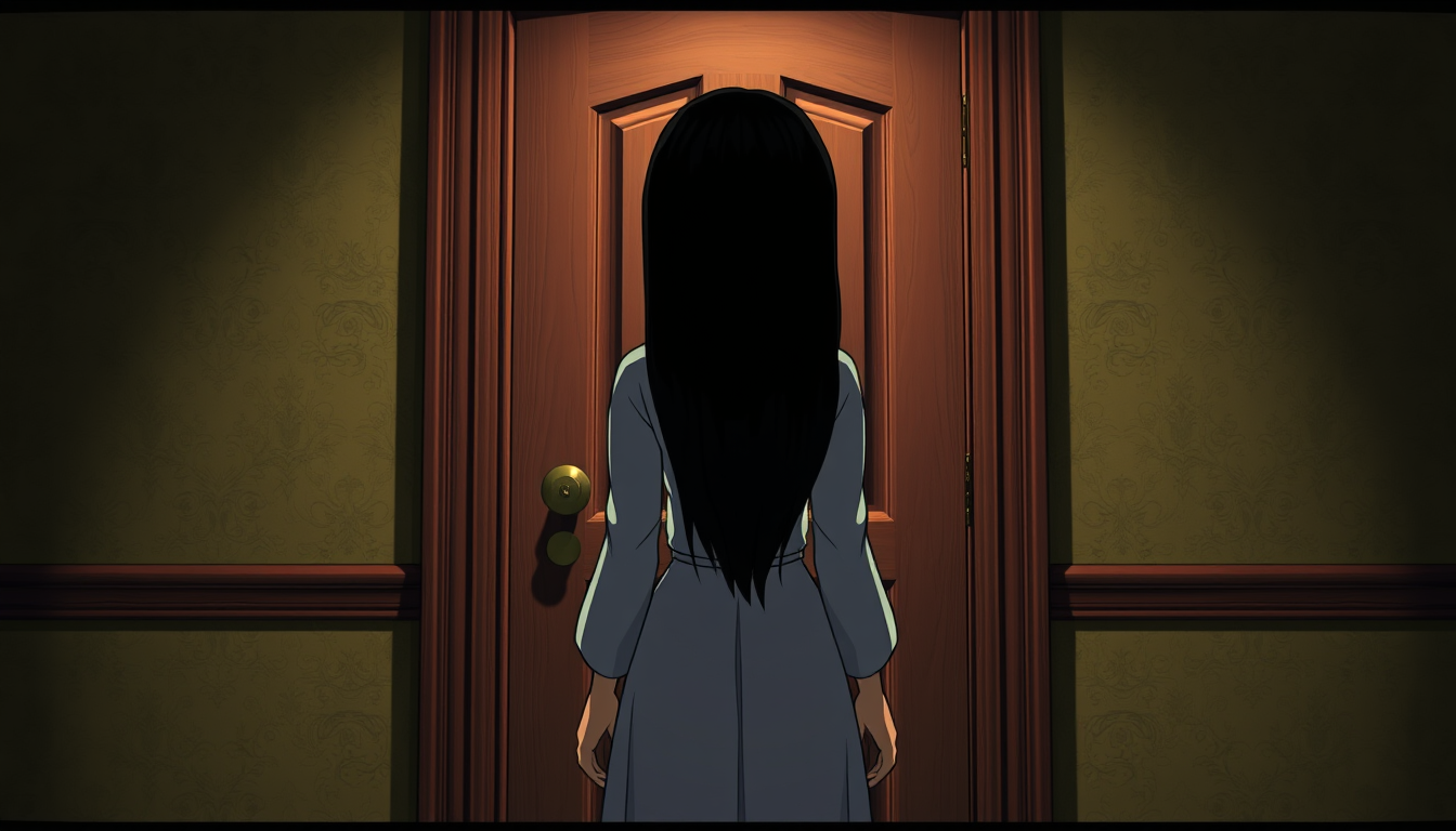 Main art studio: 3D animated horror cartoon style. Ayesha, the same young woman with long black hair wearing a modest, full-length white dress with long sleeves, stand
