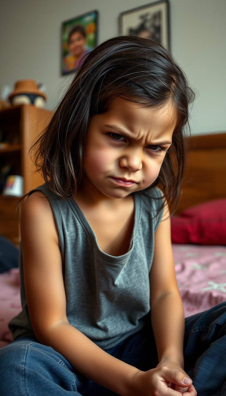 Main art studio: dark tanned 10 year old with girl dark brown hair sitting in a bedroom with head tilted down very angry wrinkling face of many tiny wrinkles, wrinkled