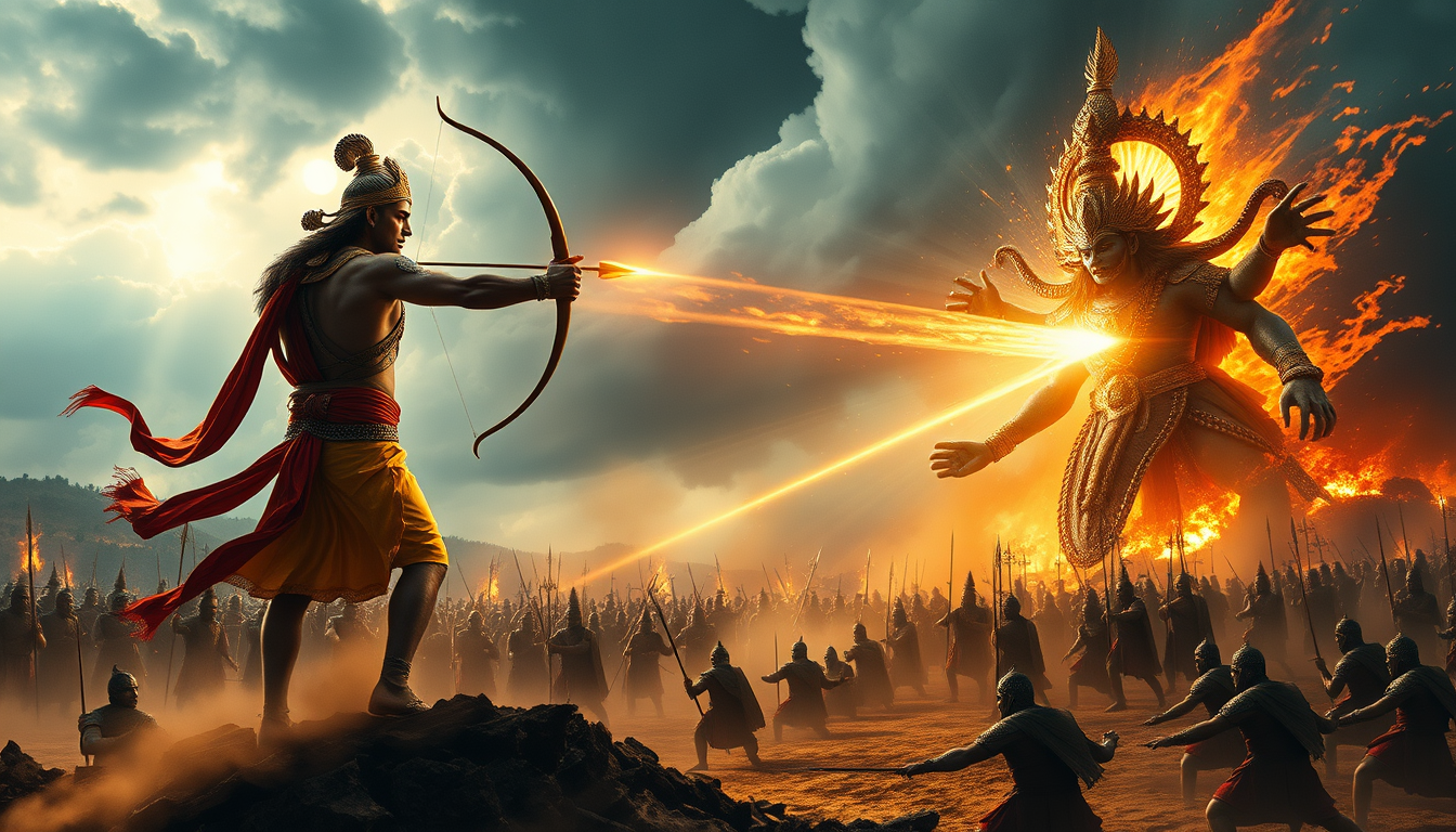 Main art studio: Lord Rama stands majestically on an ancient battlefield, drawing his divine bow and releasing a blazing celestial arrow at mighty Ravana. Ravana is su