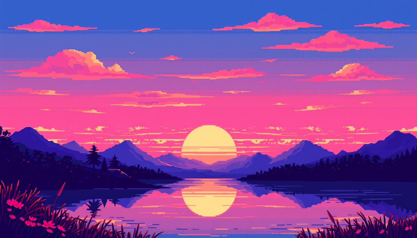 Pixel Art idea: pixel art, 32x32 sprite scale, limited palette, retro 16-bit game art, a beaudiful sunset scenery , crisp pixel perfect, indie-game aesthetic