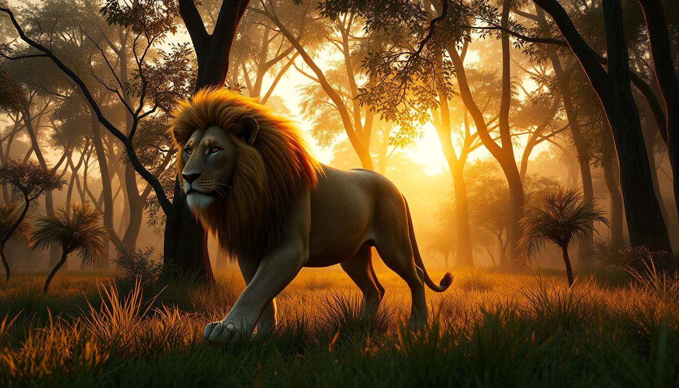 Main art studio: Vertical 9:16, a majestic large golden-maned lion walking slowly through the same dense Indian jungle at sunrise, warm golden sunlight streaming betwe