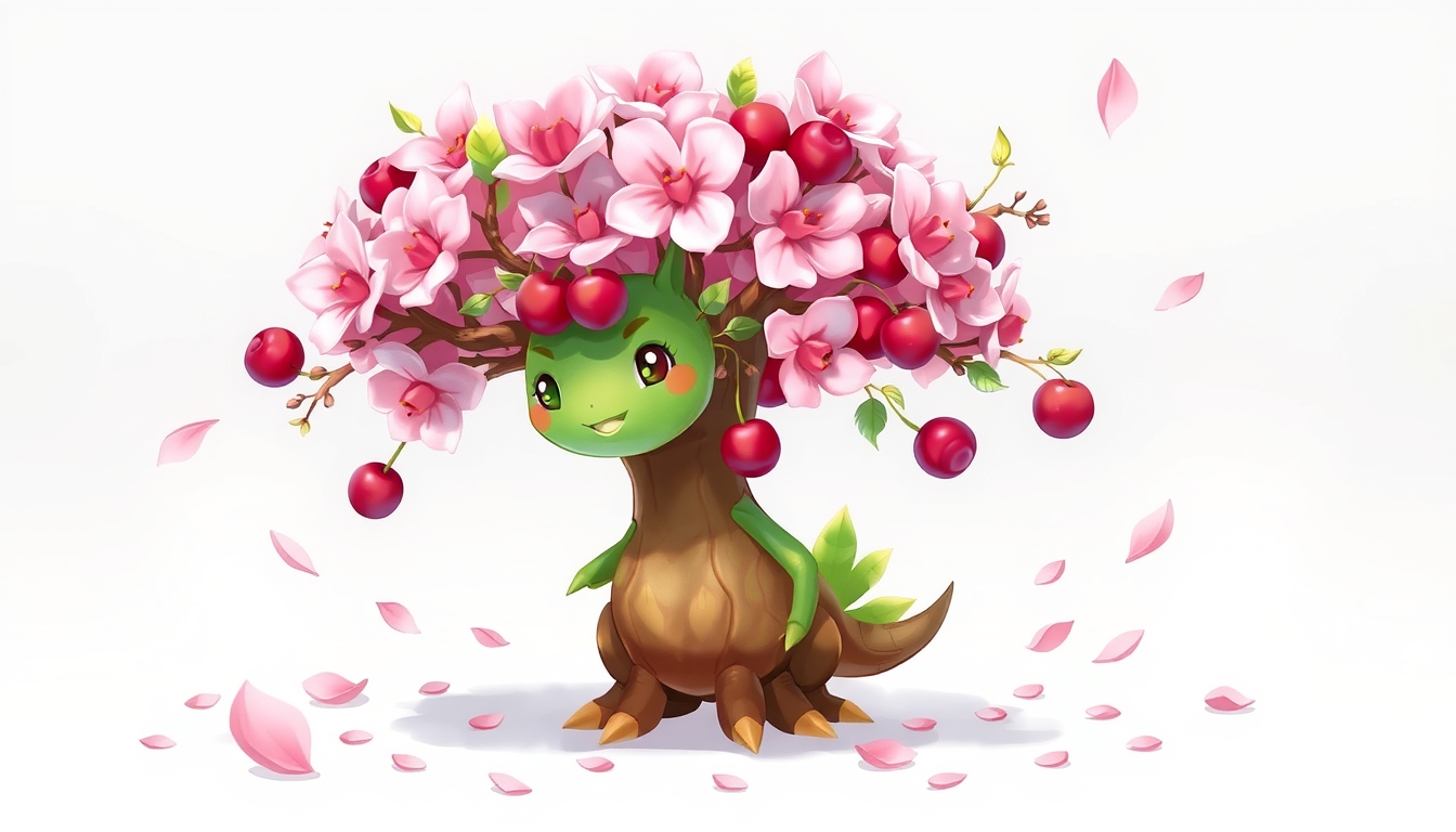 Main art studio: Original creature design for a monster-catching RPG. A Grass/Fairy type creature inspired by a cherry tree and Japanese cherry blossoms. Small living