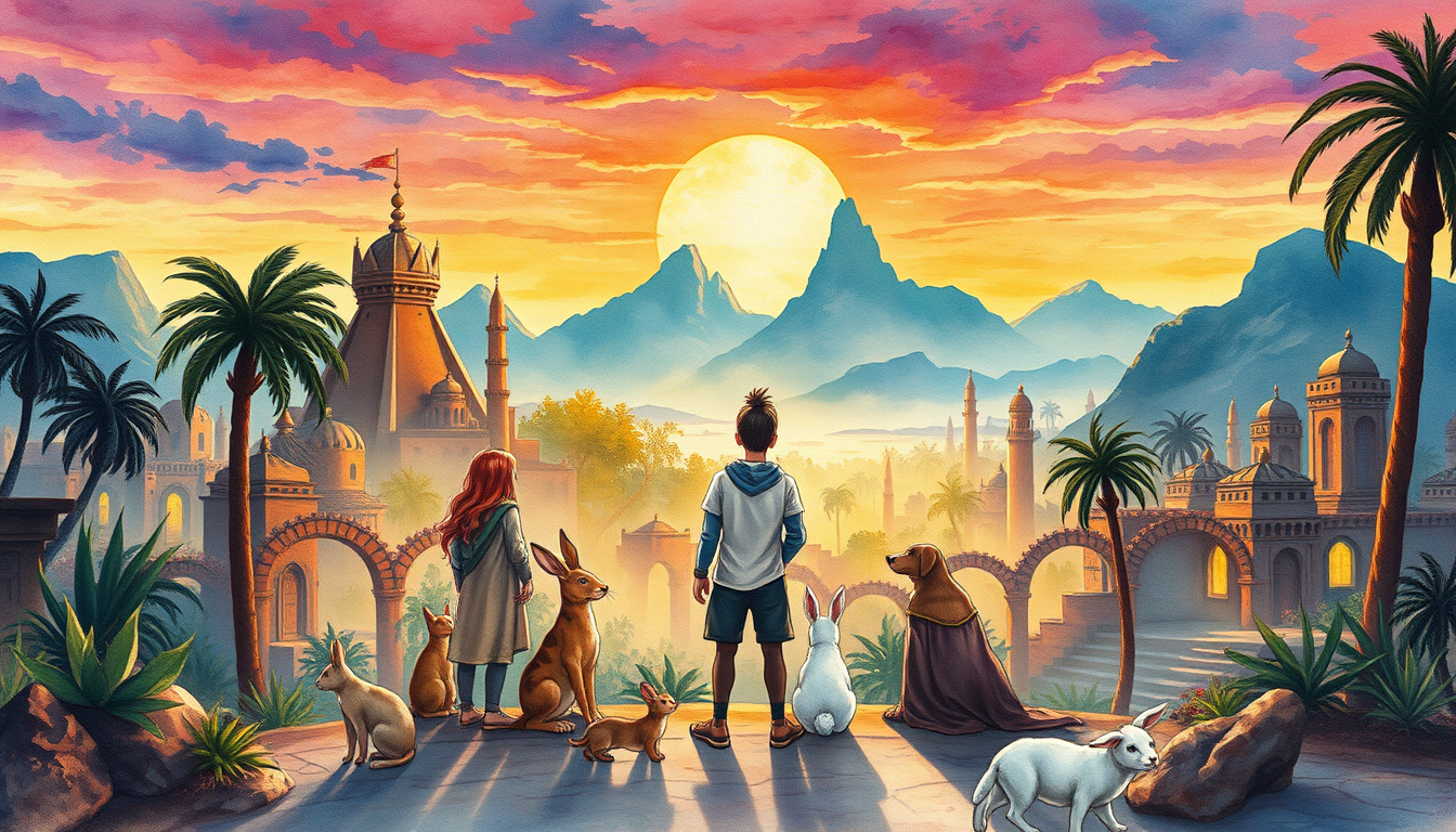 Main art studio: mesmerizing watercolor paint drawing that sunset city oasis, a group of diverse friends standing together facing fear of the unknown, thye use an anci