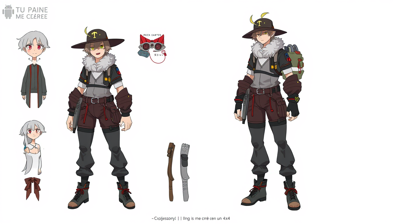 Characters idea: original character design, detailed outfit and accessories, expressive personality, tu peux me crée un 4x4 , character concept art illustration