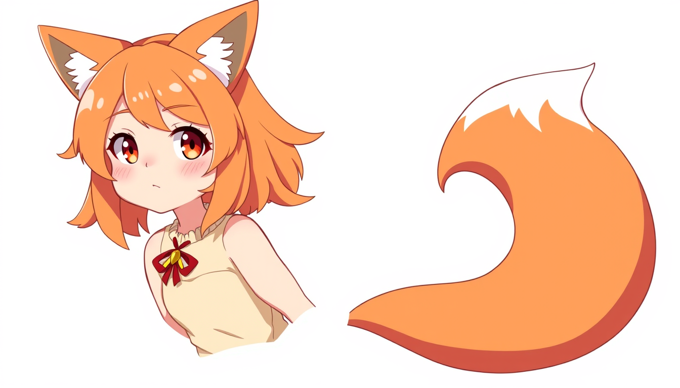 VTuber idea: vtuber avatar character, anime style, expressive face, streaming-ready design, a fox girl with ginger hair and ears and a fox tail with a fox dress on