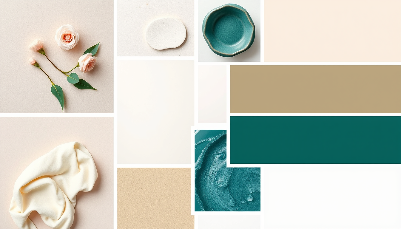 Mood Board idea: mood board collage, curated visual references, material swatches, color palette, editorial layout, Warm Cream / Off-White Soft Greige Dark Turquoise /