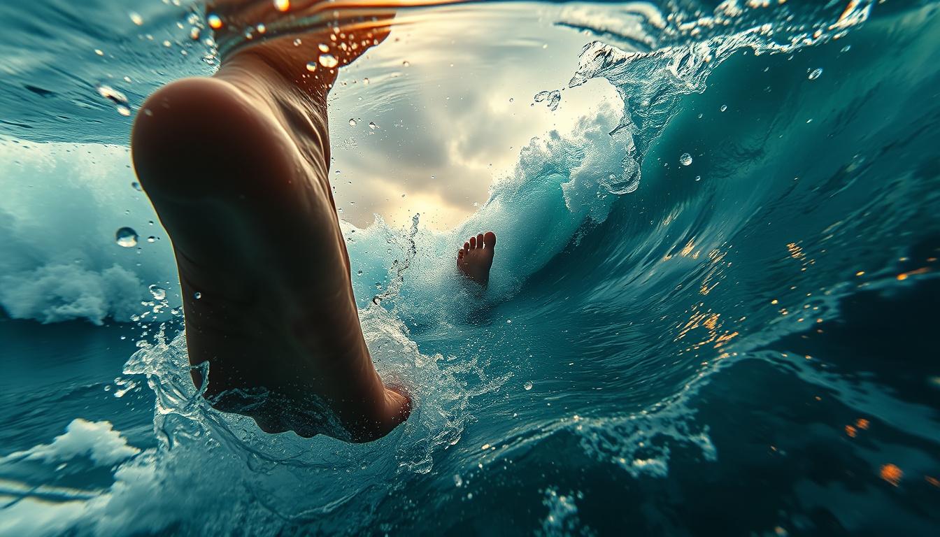 Main art studio: Half-submerged camera at the waterline in a violent storm. Extreme close-up of Jesus' feet walking on the ocean. One foot above the surface, the other