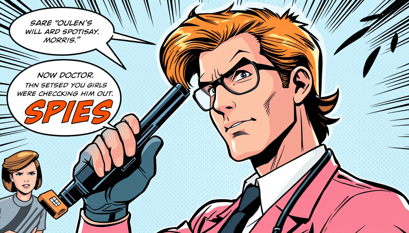 Comic idea: comic panel, bold inks, halftone shading, speech-bubble ready composition, Here is a mature comic book style of Totally Spies staring michael morris t