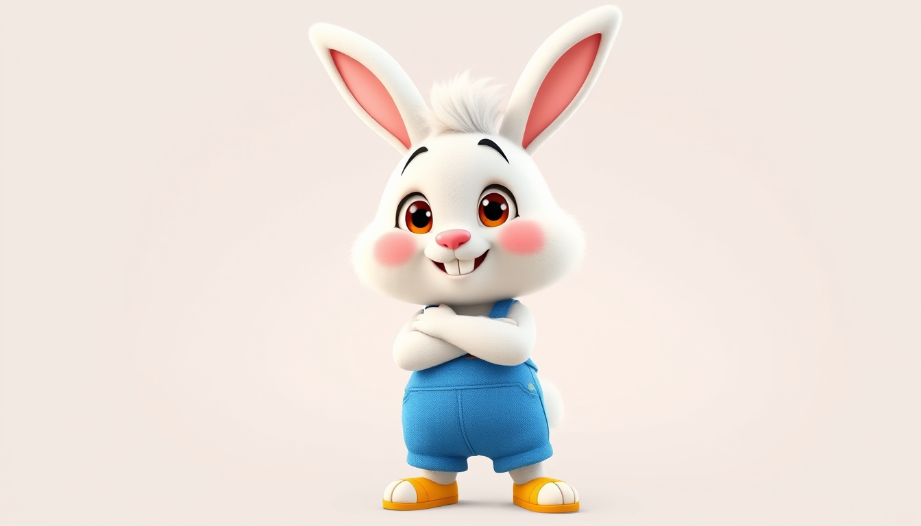 Main art studio: Cute main character bunny named Bobo, hero of a children's cartoon. White soft fluffy fur, big round expressive brown eyes, small pink nose, warm frie