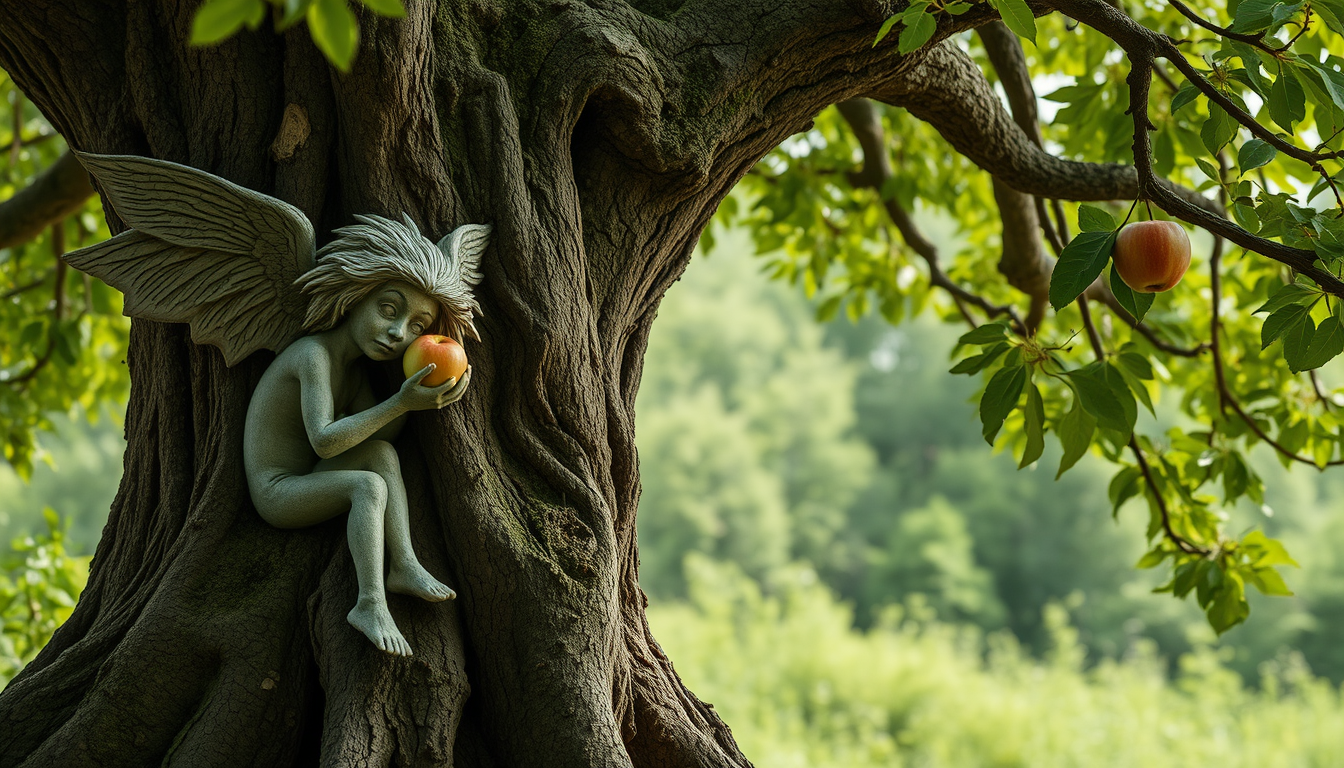AI Art prompt example created from the prompt: wood nymph eating apple next to gnarly ancient oak tree