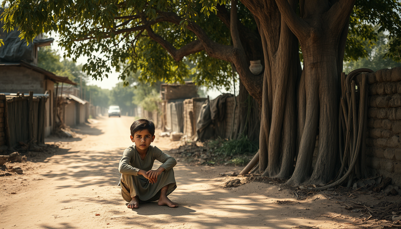 Main art studio: poor young village boy wearing old, worn-out clothes, sitting under a large tree beside an old rural path. The weather is extremely hot and sunny, wit