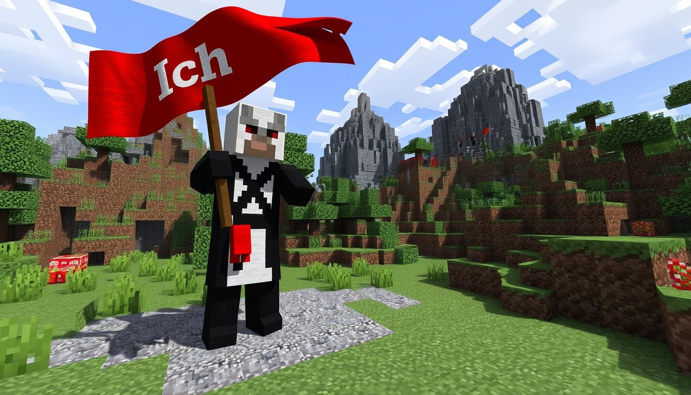 Main art studio: erstelle ein minecraft bild wo in der mitte ein skin steht Der skin hat ein weißes hemd mit schwarzer kravatte und eine schwarze hos er ramt ein eine