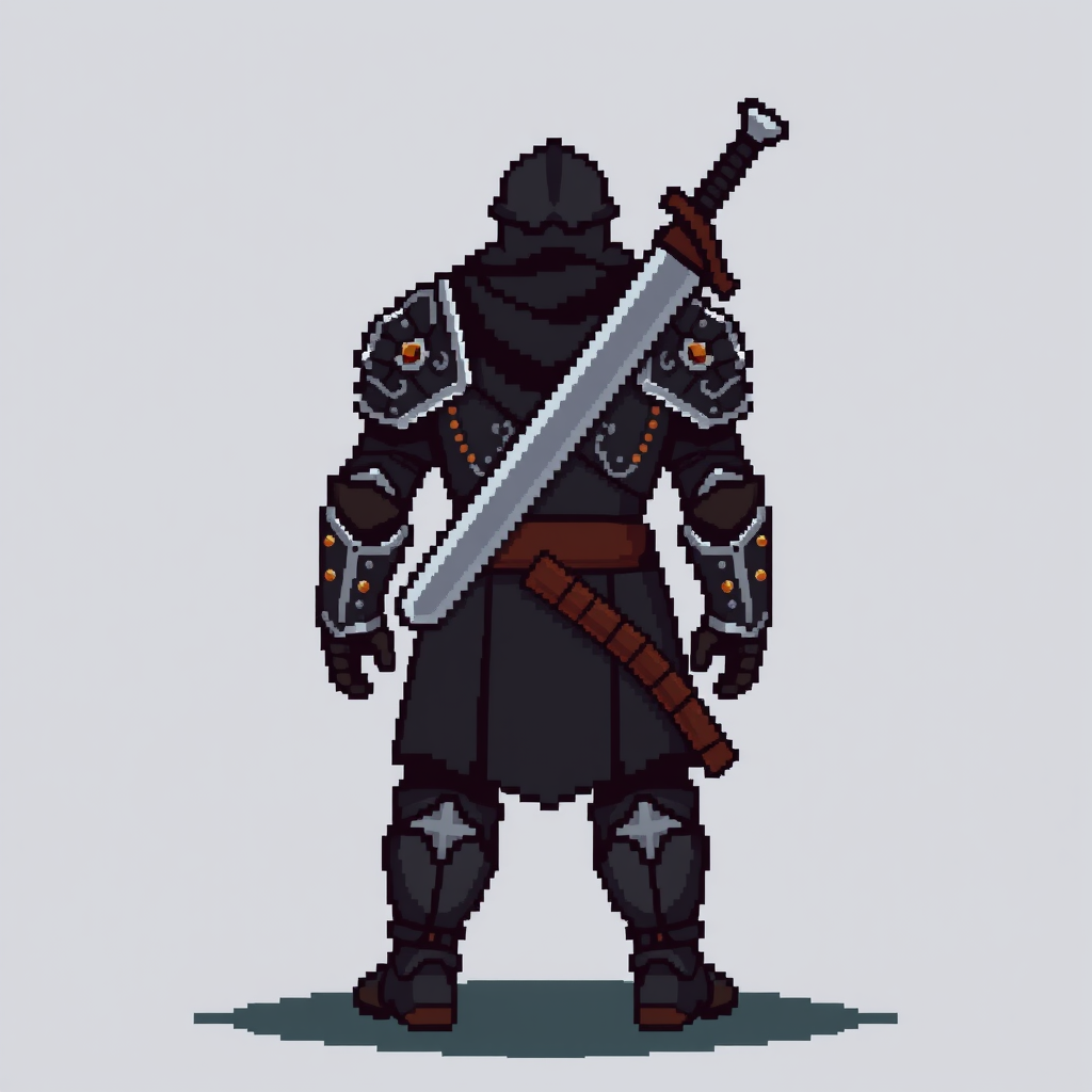 Sprite idea created from the prompt: pixel art game sprite, clean pixel grid, retro 16-bit palette, Medieval dark fantasy pixel art warrior, full body, STRICT BACK VIEW, facing 