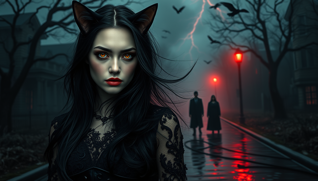AI Art prompt example created from the prompt: Ultra-realistic dark gothic horror romance, cinematic 16:9 widescreen music video cover. An extraordinarily beautiful adult woman with elega