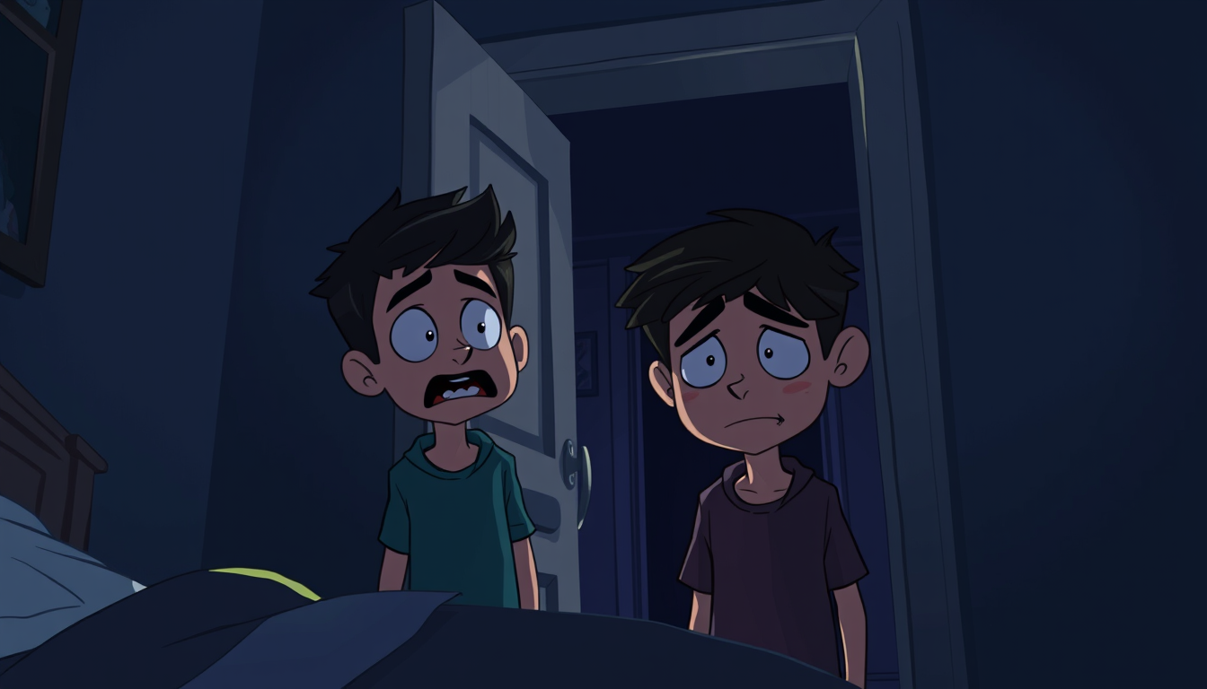 Main art studio: Same Samir character and his younger brother character, 2D dark horror cartoon, cinematic night, vertical 9:16. Samir has opened his bedroom door and 