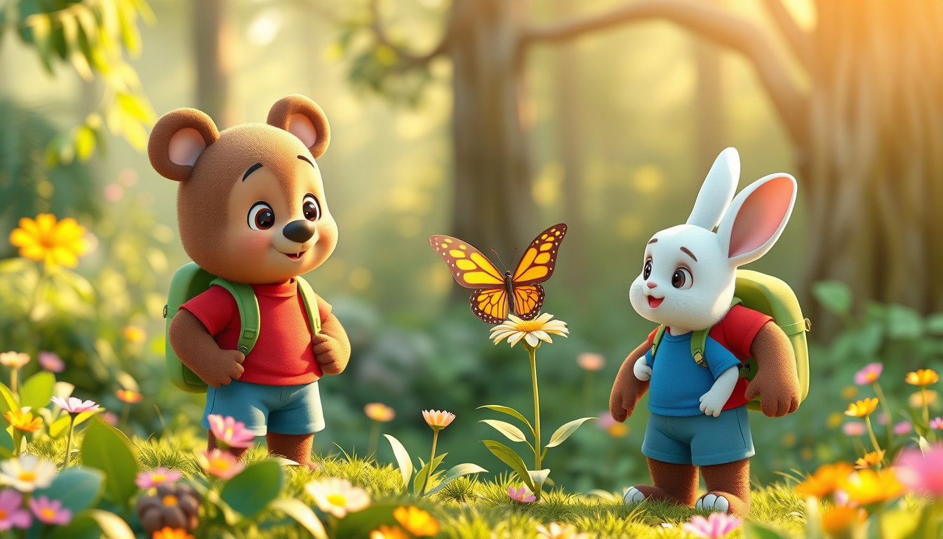 Main art studio: 3D animated children's cartoon. Bruno, the same cute brown bear wearing a red T-shirt, blue shorts, and green backpack, stands beside Benny, a small w