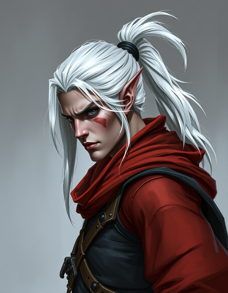 Main art studio: male drow elf adventurer with white hair pulled into a pony tail