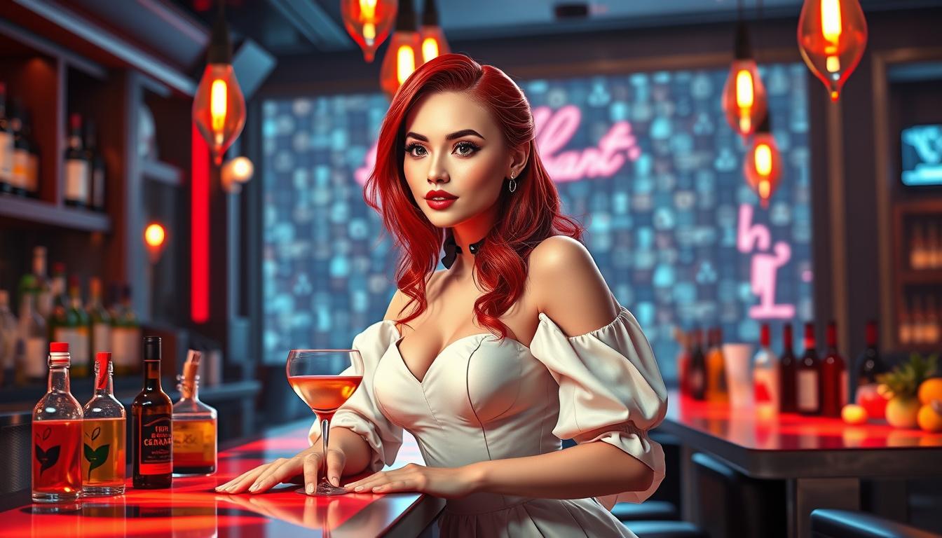 Main art studio: a cgi women at the bar red haired and white dressed