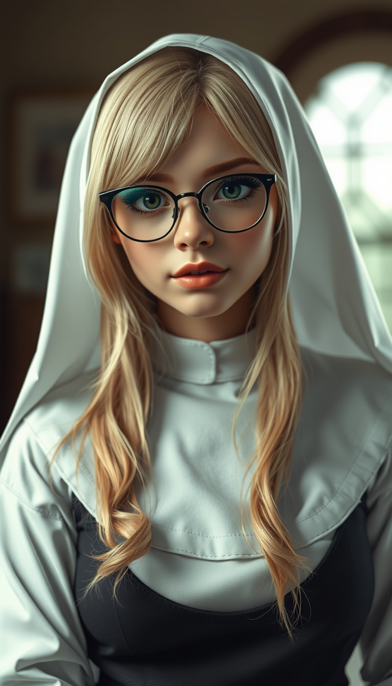 Realistic Images idea: photorealistic generated image, natural materials and skin texture, physically plausible lighting, Nun beauty mini skirts blonde hair glasses real , c