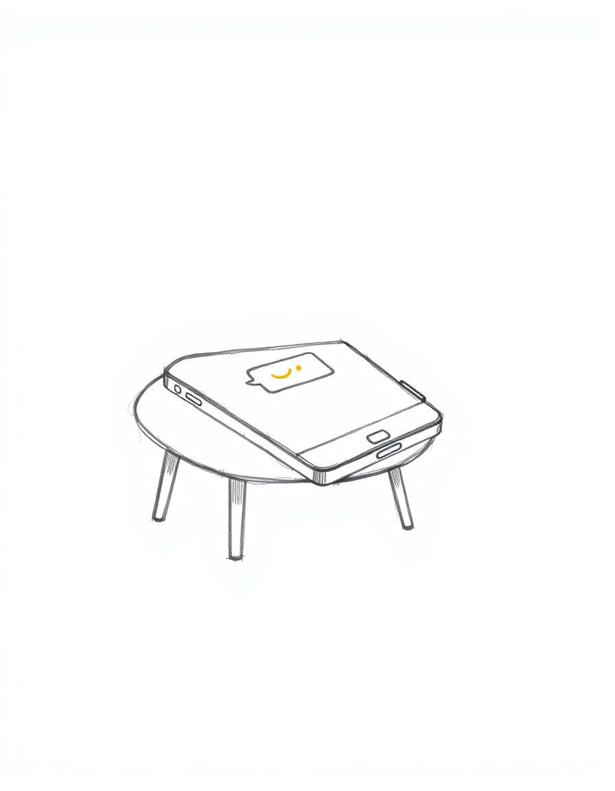 Main art studio: Minimalist black and white pencil sketch of a simple smartphone lying alone on a small table. On the screen, show one incoming message notification re