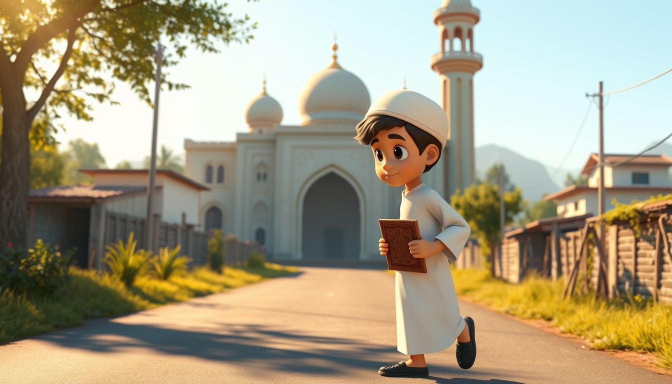 Main art studio: Same 12-year-old Muslim boy leaving the mosque after Salah, holding his small prayer mat, peaceful village road, morning sunlight, same white panjabi 