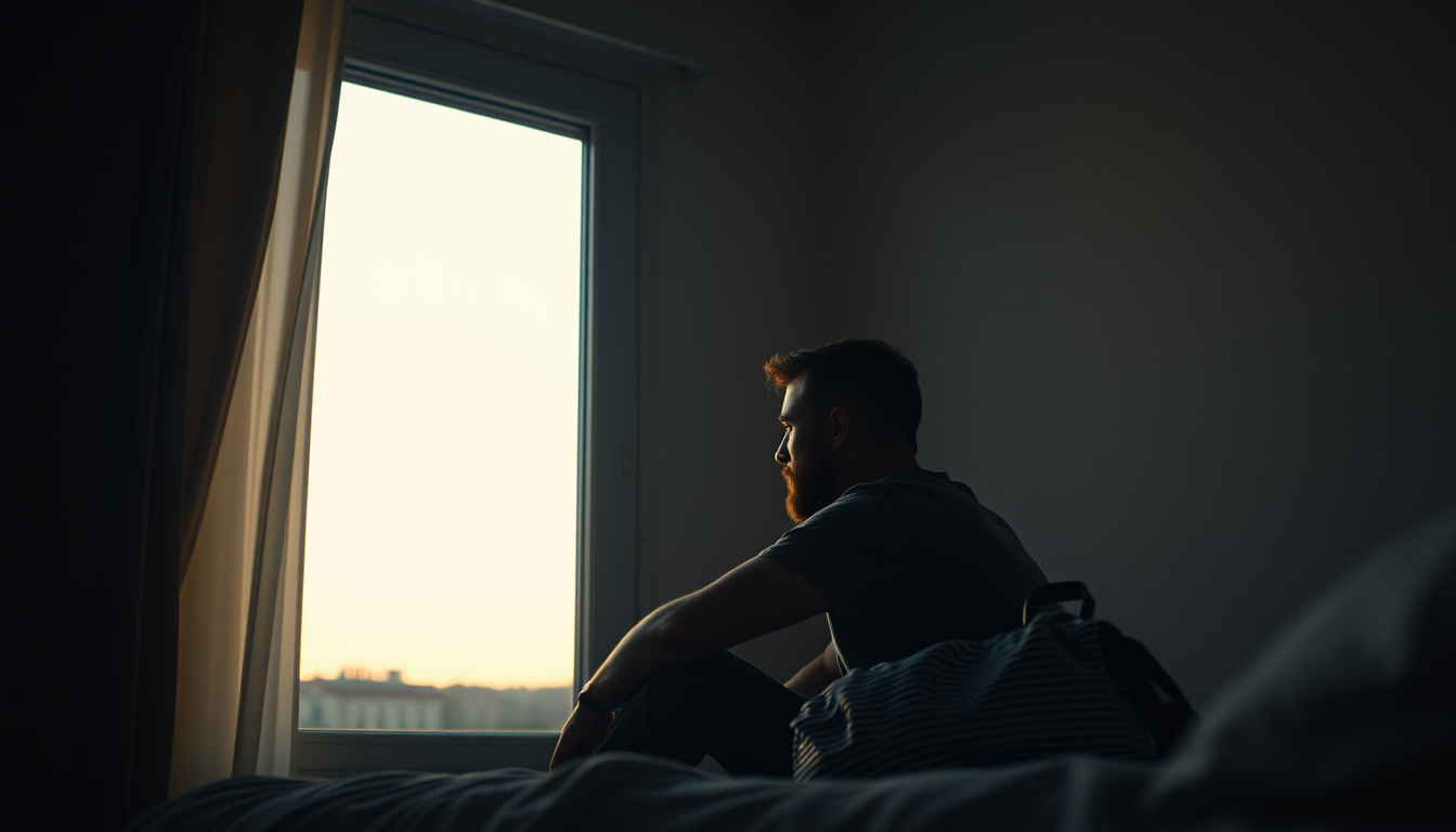 Main art studio: Hombre de 35 años con cabello oscuro y barba ligera, sentado en una habitación sencilla mirando por una ventana al amanecer. Expresión de reflexión y