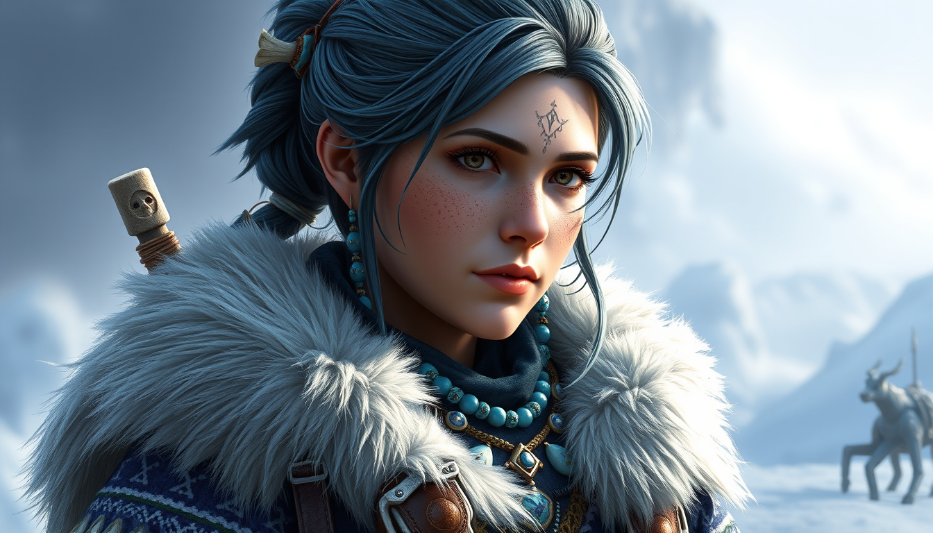 AI Art prompt example created from the prompt: A Banuk-inspired portrait of Elizabeth Sobeck from Horizon Zero Dawn. The character is depicted as a strong, intelligent female scientist/ad