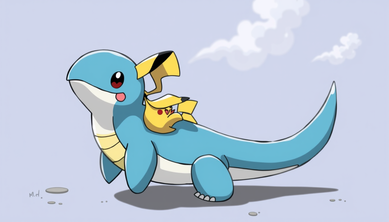 Main art studio: Create a lapras traceable image with a ditto face and a pikachu riding lapras also with a ditto face use the characters from the series Pokemon to cre