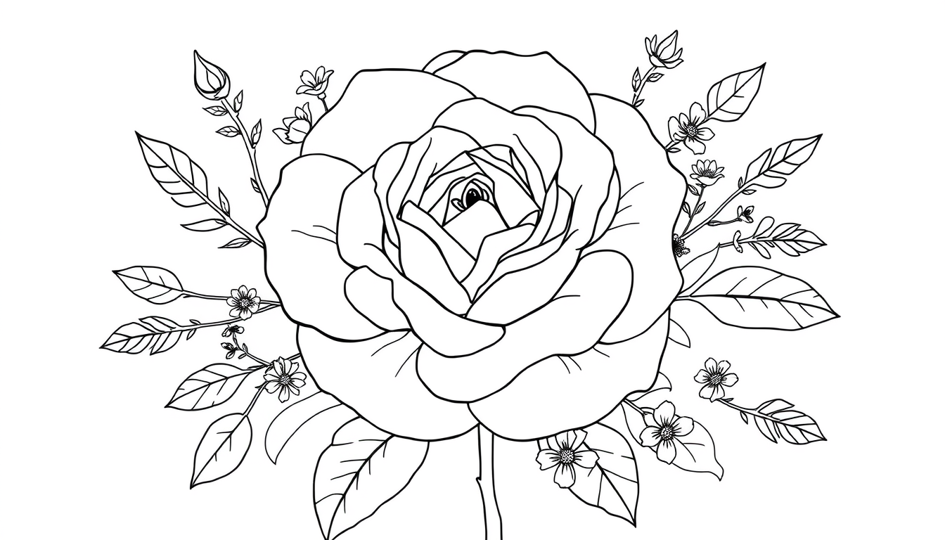 Main art studio: Create a beautiful adult colouring book page featuring a large detailed rose surrounded by delicate leaves and small wildflowers. Black and white line
