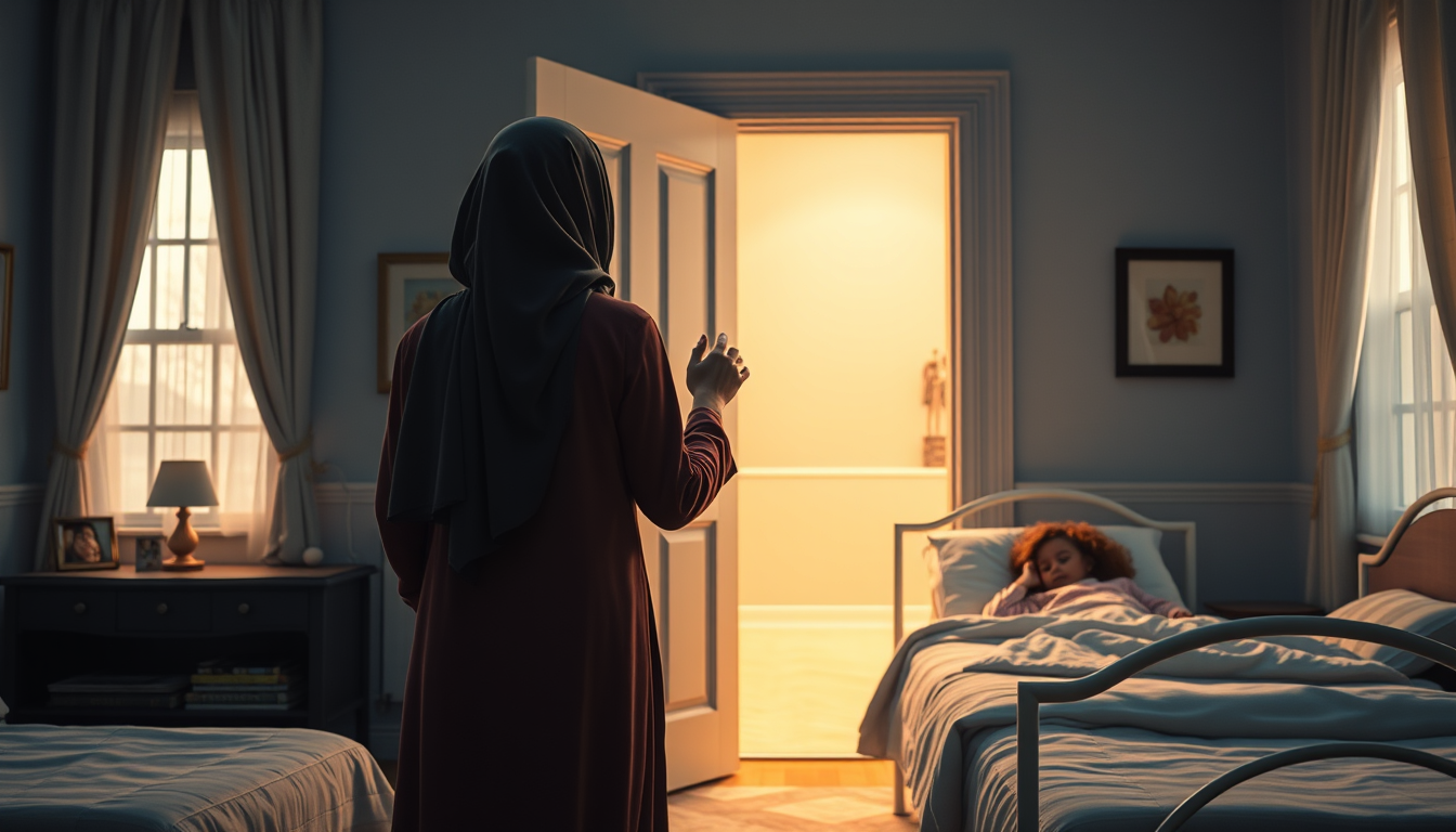 Main art studio: Photorealistic cinematic night scene of a loving hijabi mother seen completely from behind, standing at the open door of a large beautiful children's