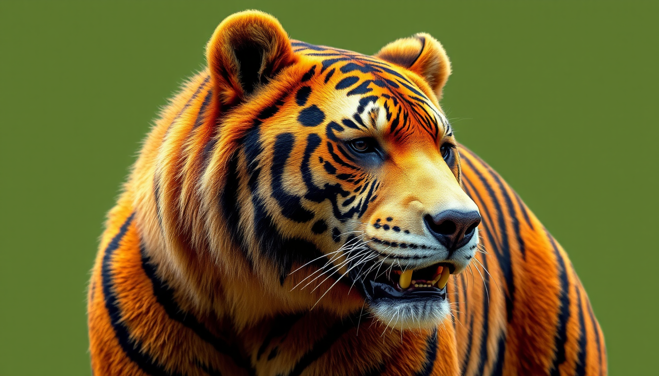 AI Art prompt example created from the prompt: A photorealistic brown bear with the fur pattern of a Bengal tiger. The bear keeps its natural anatomy and face, but its fur is vivid orange