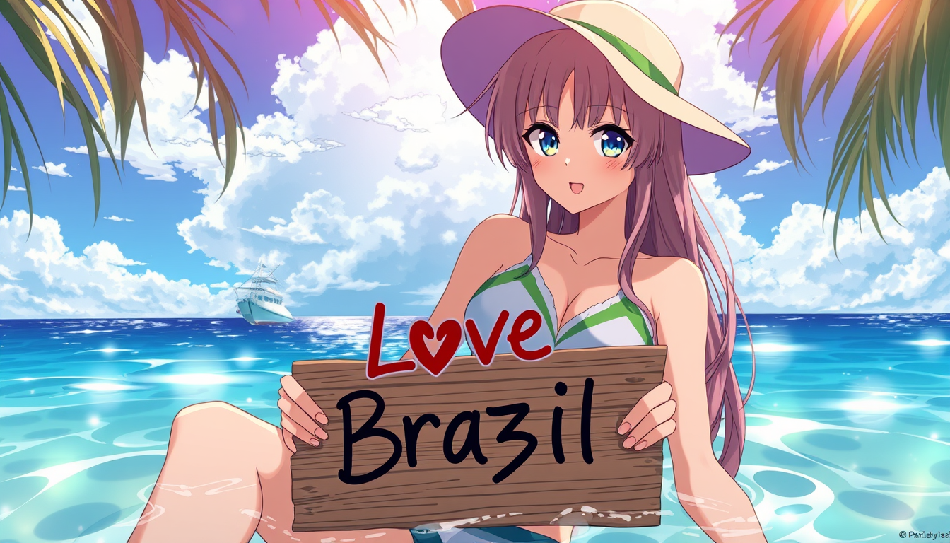 Anime idea: anime style, vibrant colors, expressive eyes, consegue colocar um personagem de anime numa praia de nudismo com uma placa escrito love Brasil sem roup