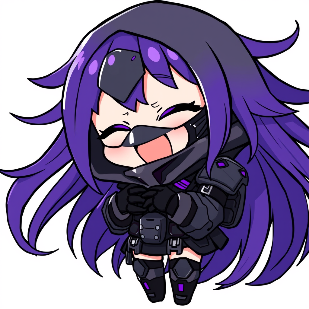 Main art studio: Cute chibi female cyberpunk warrior with long flowing purple hair, violet highlights, large purple eyes, dark metallic face mask, black and dark gray