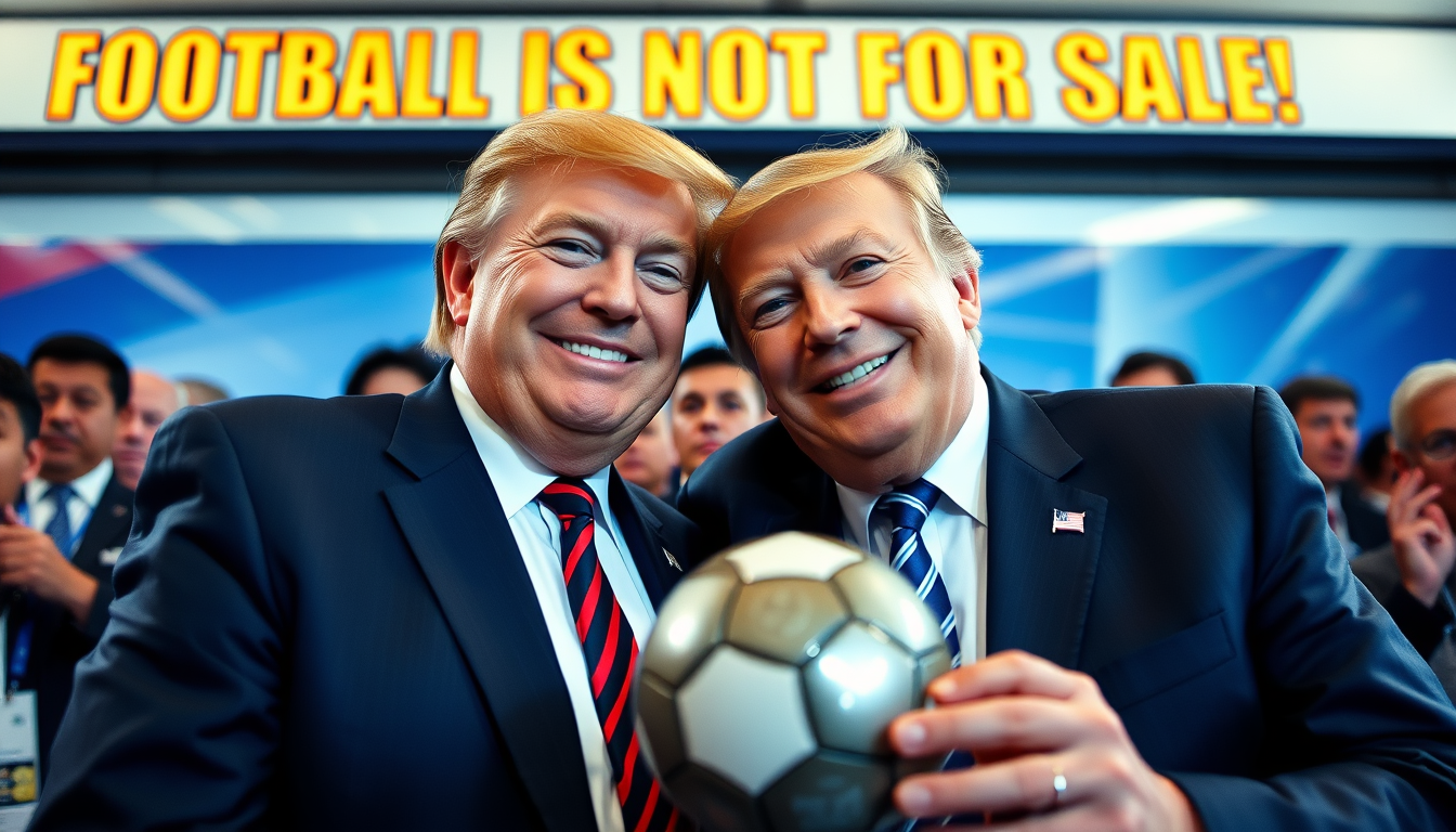 Main art studio: Infantino et trump souriant entrain de levé la coupe du monde sur fond pleins de billets de dollars avec la phrase suivante : FOOTBALL IS NOT FOR SALE
