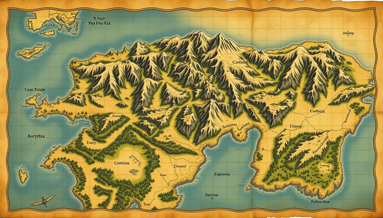 Fantasy Maps idea: fantasy world map, hand-drawn cartography, aged parchment, mountains forests and coastlines, Large continent with many rivers and lakes, big mountains