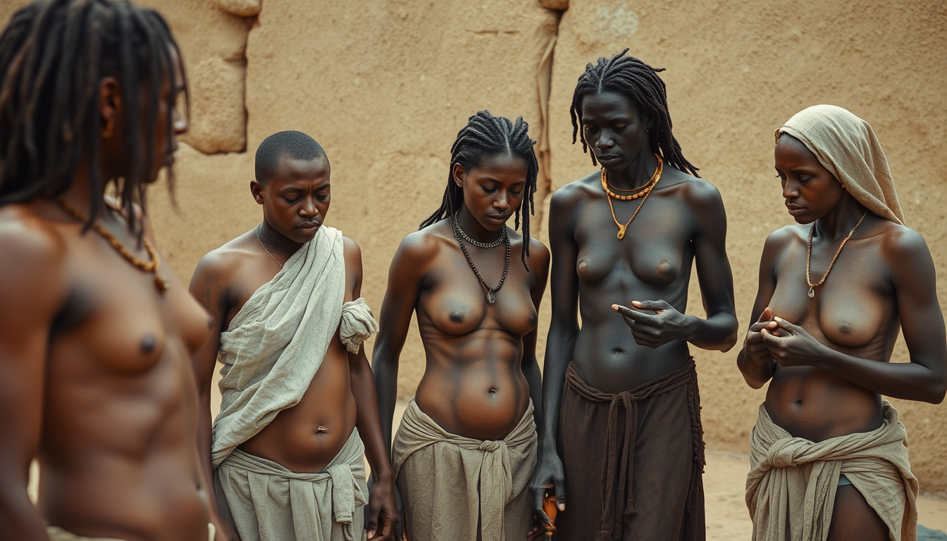 Main art studio: north african female slaves being inspected by their caucasian male slavers, already having fully stripped them of any clothing and inspecting their b